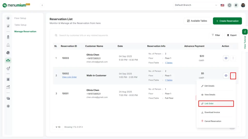 Link Order How to Link an Order to a Reservation in Menumium - Menumium